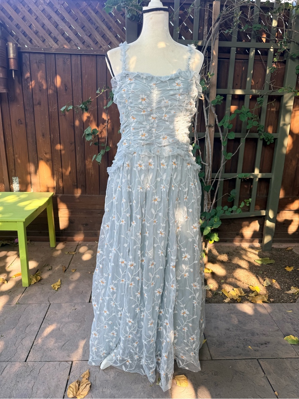 Anthropologie Dusty Blue Floral Embroidered Maxi Dress